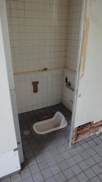 a tiled washroom stall with a small porcelain trough in the floor